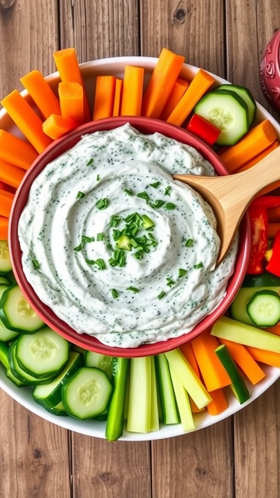 A bowl of cold spinach dip with fresh vegetables for dipping on a rustic table.